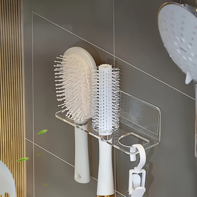 1pc Acrylic Comb Holder Wall Mount - Transparent Plastic Hair Brush Storage Organizer No-Drill - Vanity Bathroom Accessory, Holds Multiple Brushes and Combs, Electricity-Free Convenience