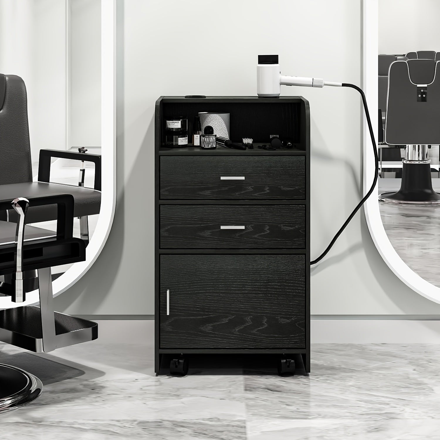 Black Salon Station Storage Cabinet - 2 Drawer Rolling Beauty Station with 2 Hair Dryer Holders Locker for Hair Stylist