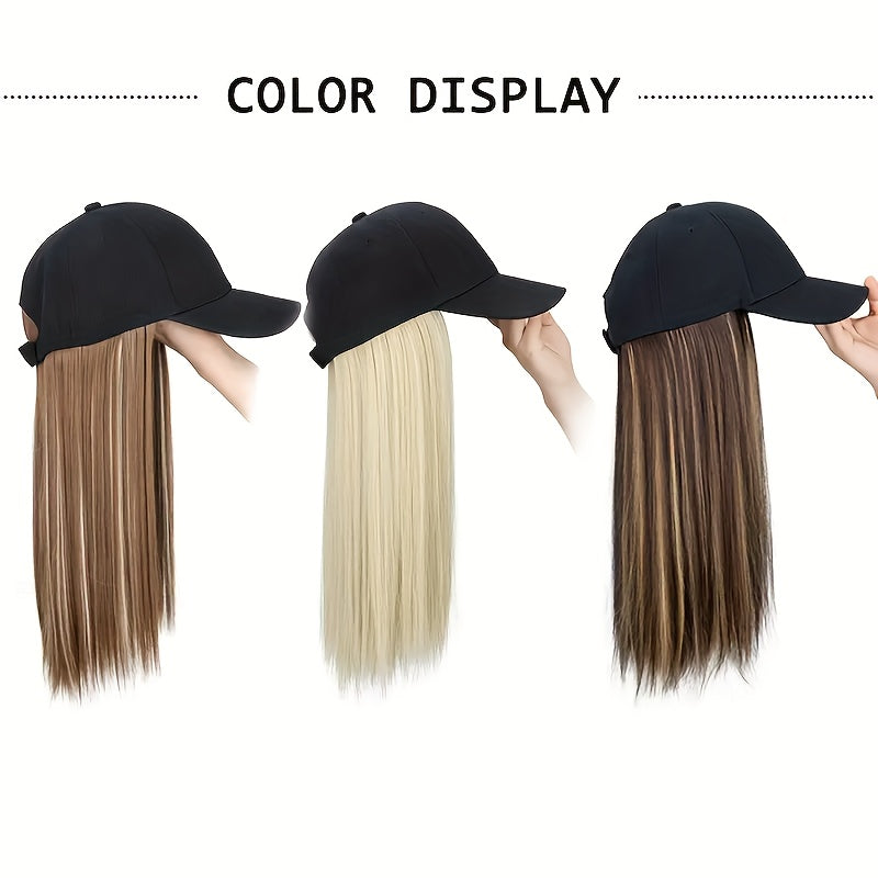 A Women'S Cross-Border Wig Baseball Cap Featuring Long Straight Hair Made of High-Temperature Synthetic Fibers, Available in Multiple Colors. This Wig Is Suitable for Outdoor Activities And Everyday Wear.