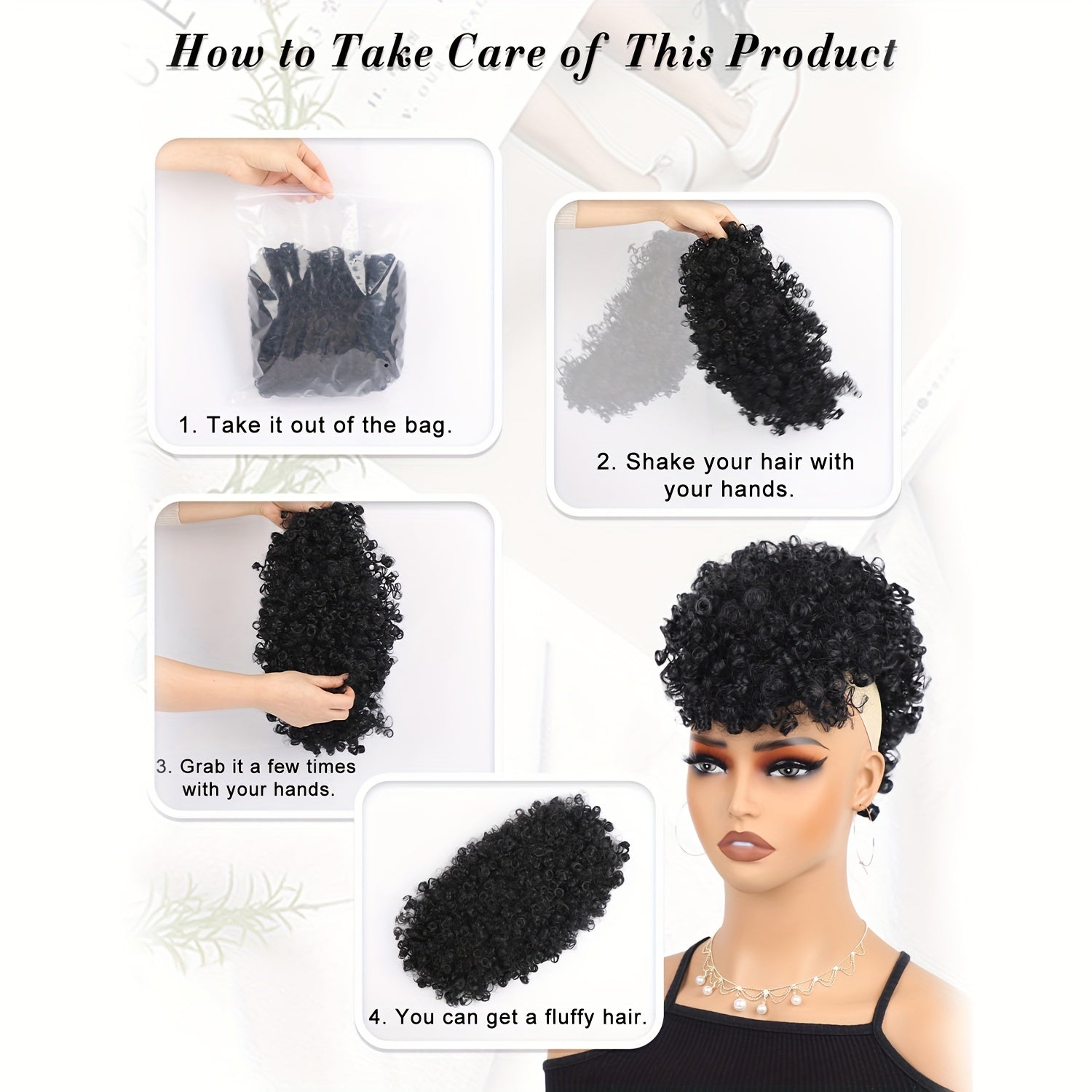 Afro High Puff Hair Bun Ponytail with Drawstring and Bangs