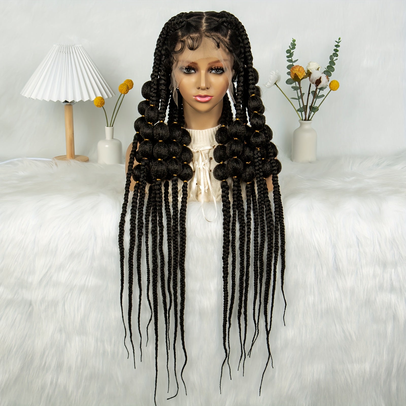 Full Lace Bubble Braids Wig - 180% Density, Heat Resistant Synthetic Fiber