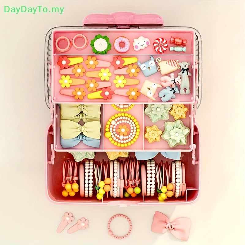 Chic Bow-Adorned 3-Layer Hair Accessory Organizer - Large, Lockable & Foldable Storage Box for Girls