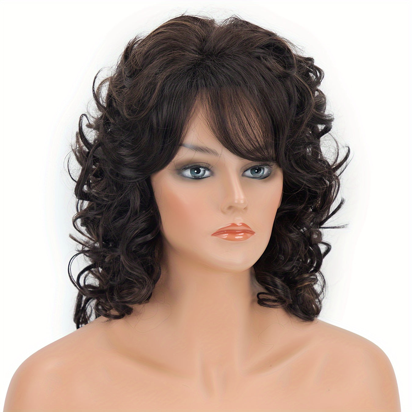 Synthetic Women Wig with Curly Texture And Bangs Black Regular Wig for Natural Fluffy Hairstyle