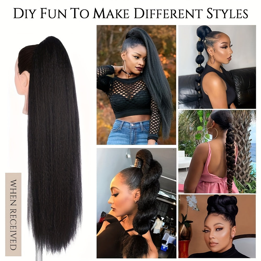 28 Inch Synthetic Yaki Hair Drawstring Ponytail, Long Black Straight Clip in Hair Extensions, Fluffy Yaki Hairpiece for Daily Use