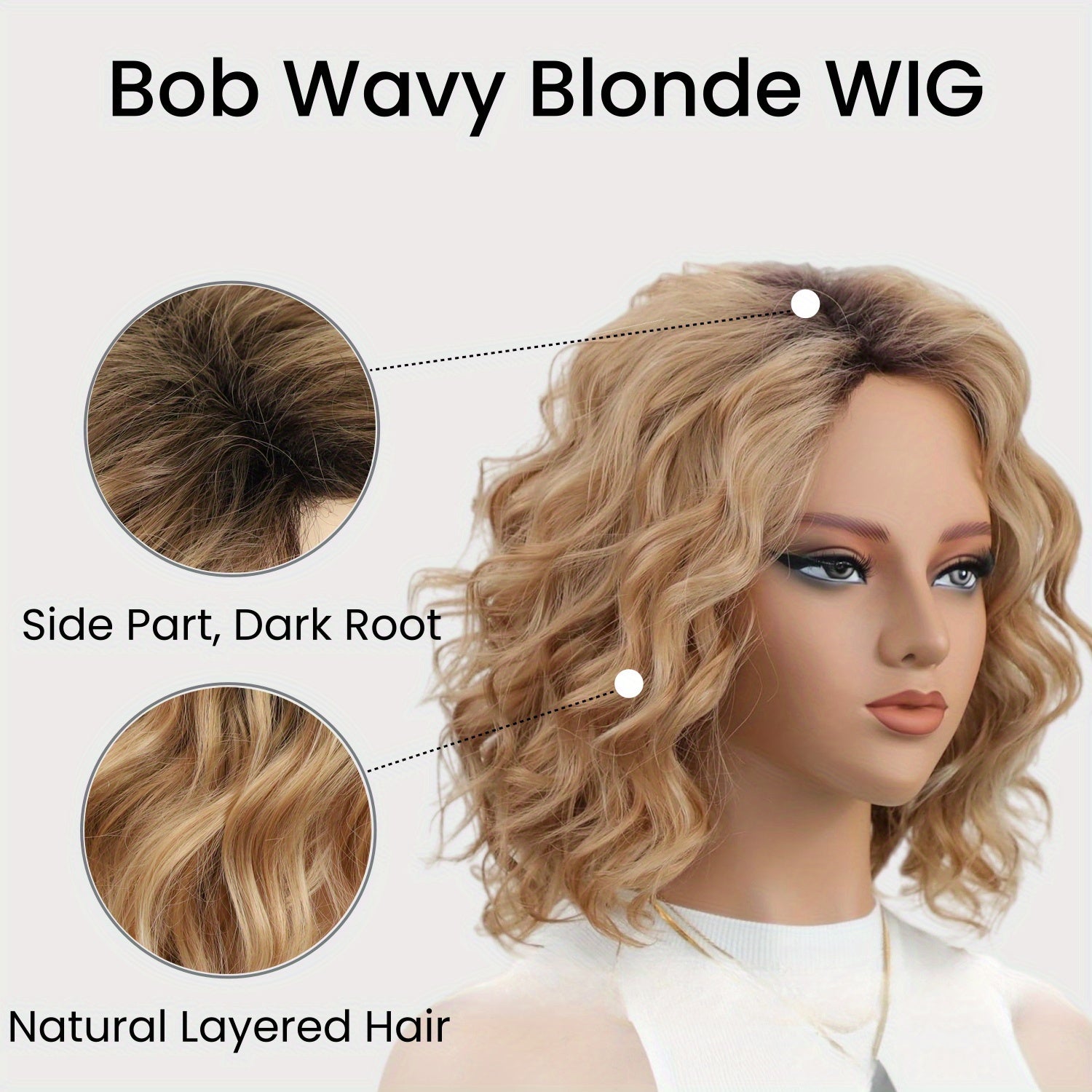 12" Ombre Blonde Wavy Bob Wig for Women - Mid-Length Layered Synthetic Wig with Dark Roots