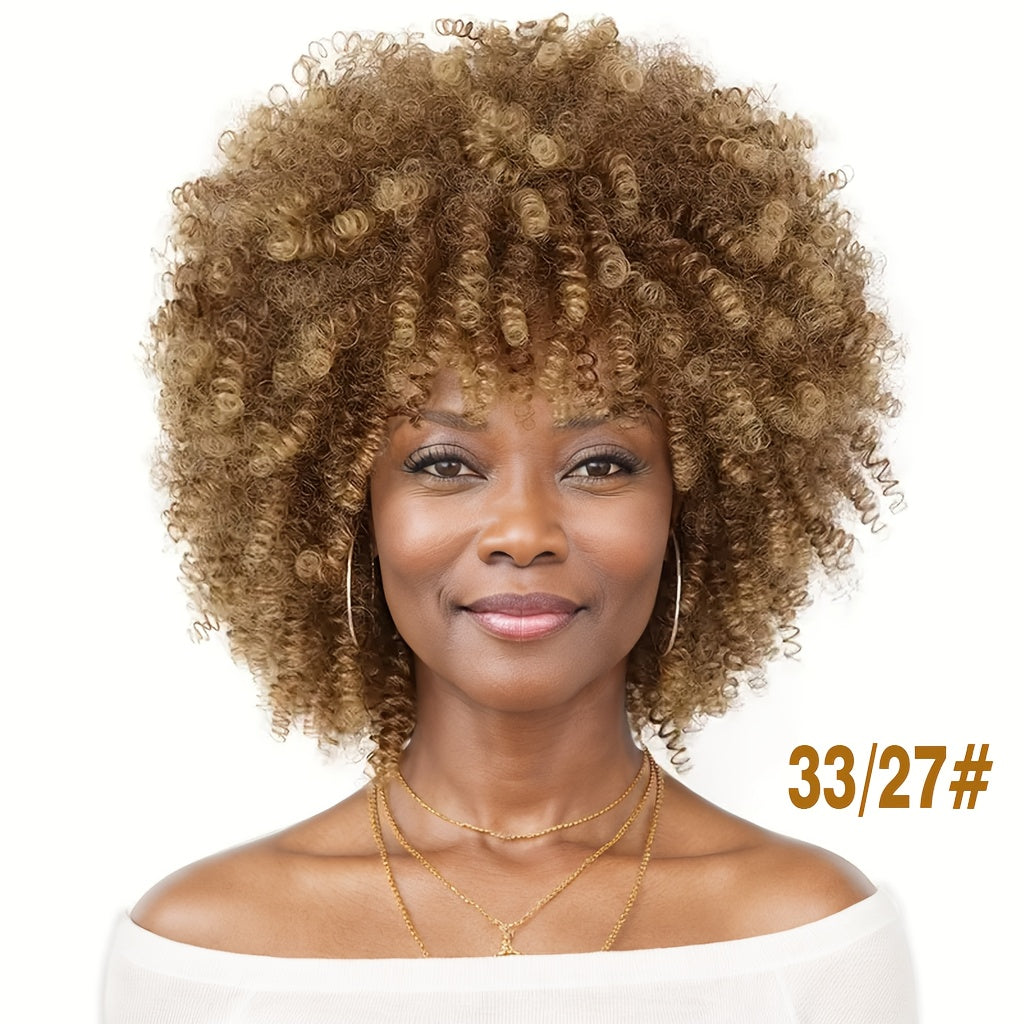 1pc High Temperature Fiber Unisex Afro Kinky Curly Wig, Glueless Rose Net Cap, Synthetic Short Hair with Bangs for Daily Wear