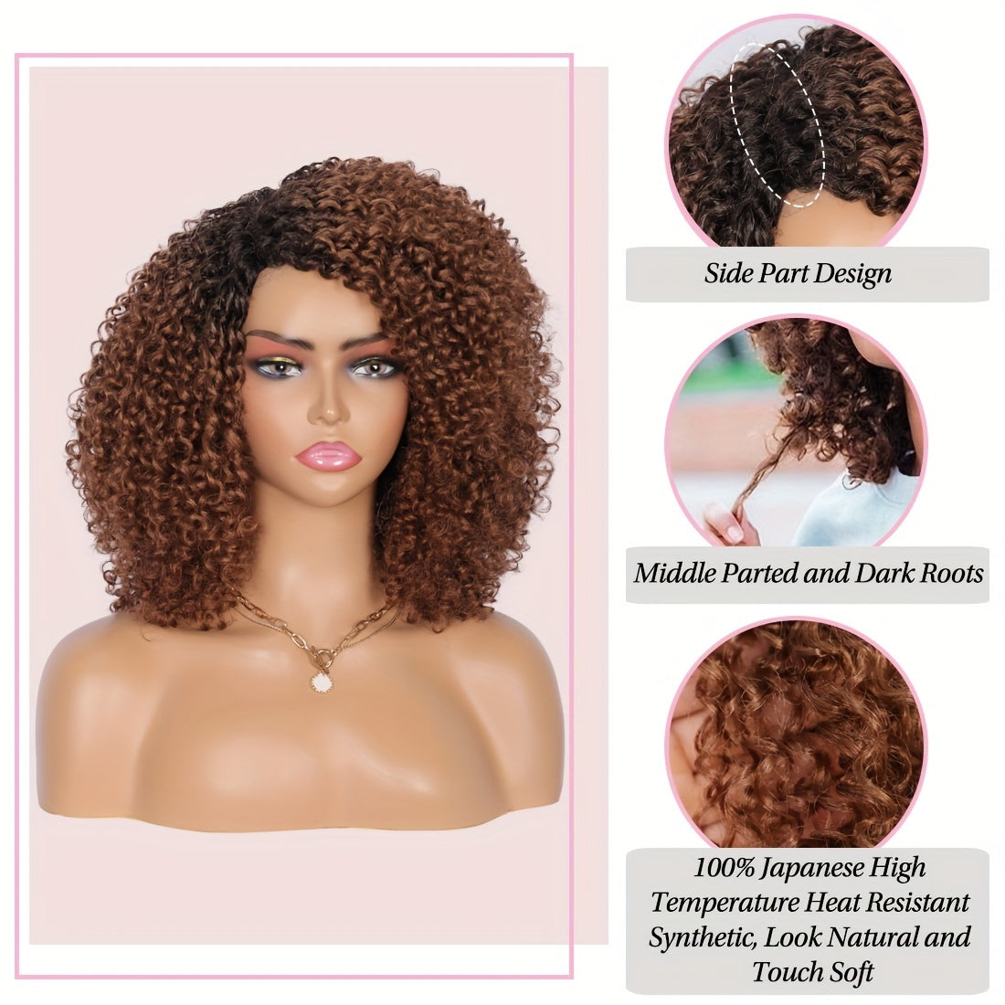 Chic 8-Inch Afro Curly Wig with Side Part & Dark Roots - Heat Resistant Synthetic Fiber