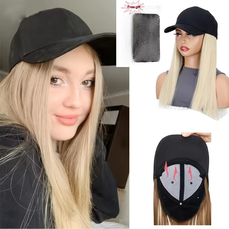 A Women'S Cross-Border Wig Baseball Cap Featuring Long Straight Hair Made of High-Temperature Synthetic Fibers, Available in Multiple Colors. This Wig Is Suitable for Outdoor Activities And Everyday Wear.