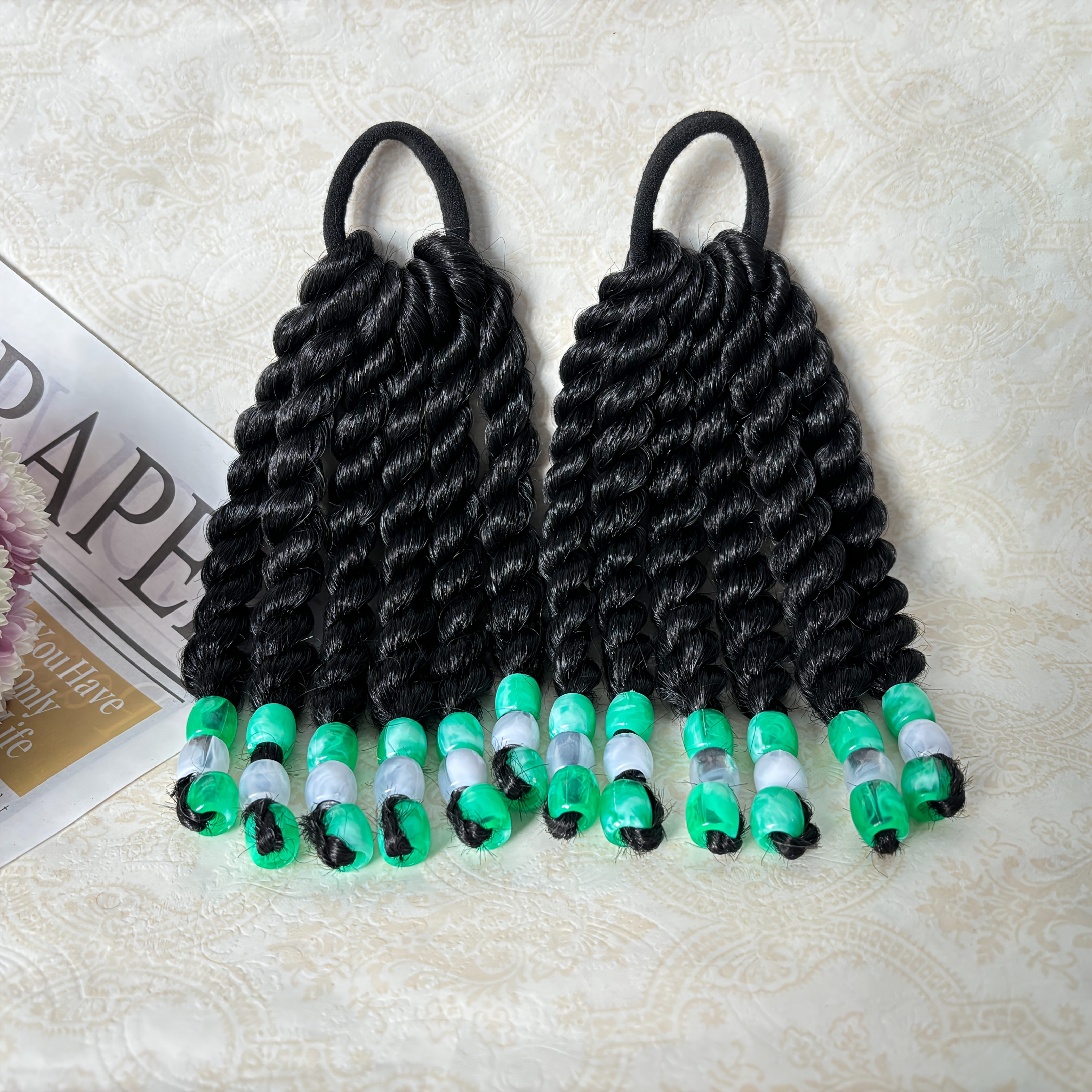 2pcs Set, 6-Inch Fluffy Short Ponytail Hair Extensions with Colorful Beads - Loose Curly Style, Heat-Resistant Synthetic Fiber
