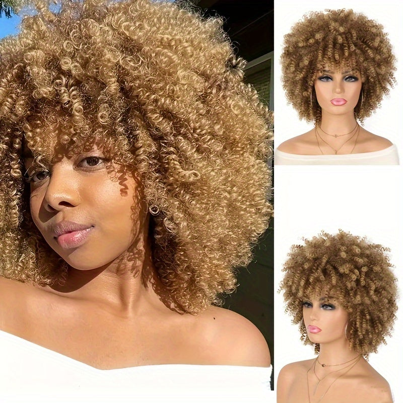 1pc High Temperature Fiber Unisex Afro Kinky Curly Wig, Glueless Rose Net Cap, Synthetic Short Hair with Bangs for Daily Wear