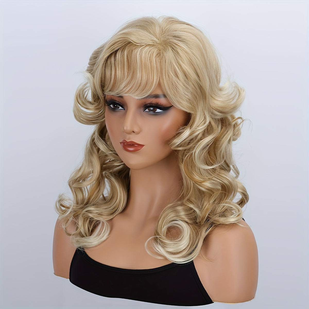 Women's Fashion Curly Wave Wig with Bangs - High Temperature Fiber, Basic 18-Inch Long Golden Synthetic Hairpiece, Breathable Rose Net Cap, 150% Density, Versatile for Daily Wear and Halloween Parties