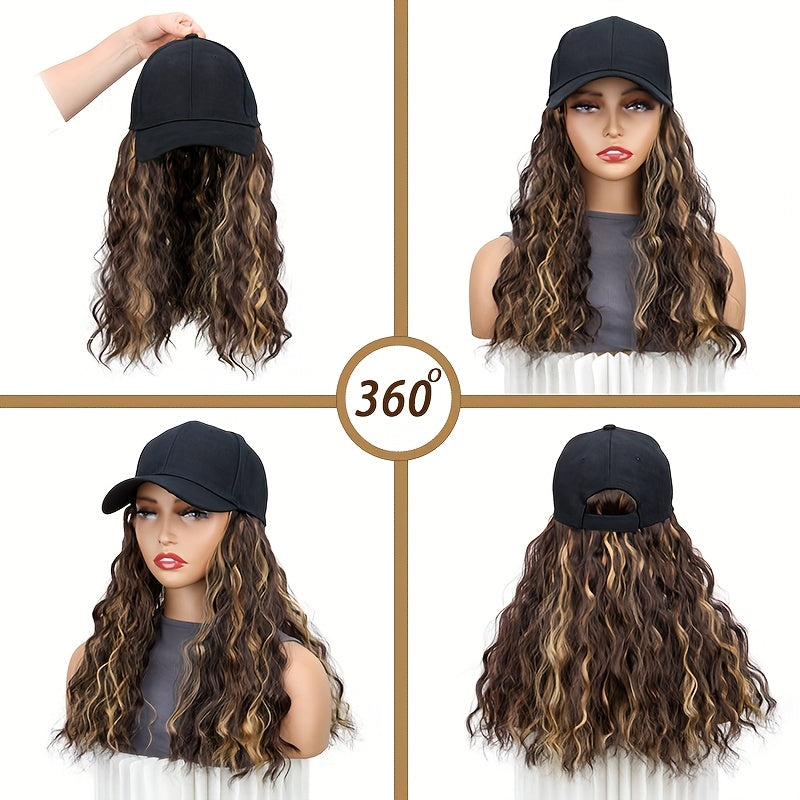 Women's Sports Style Baseball Cap Wig, Water Wave Curly Short Bob