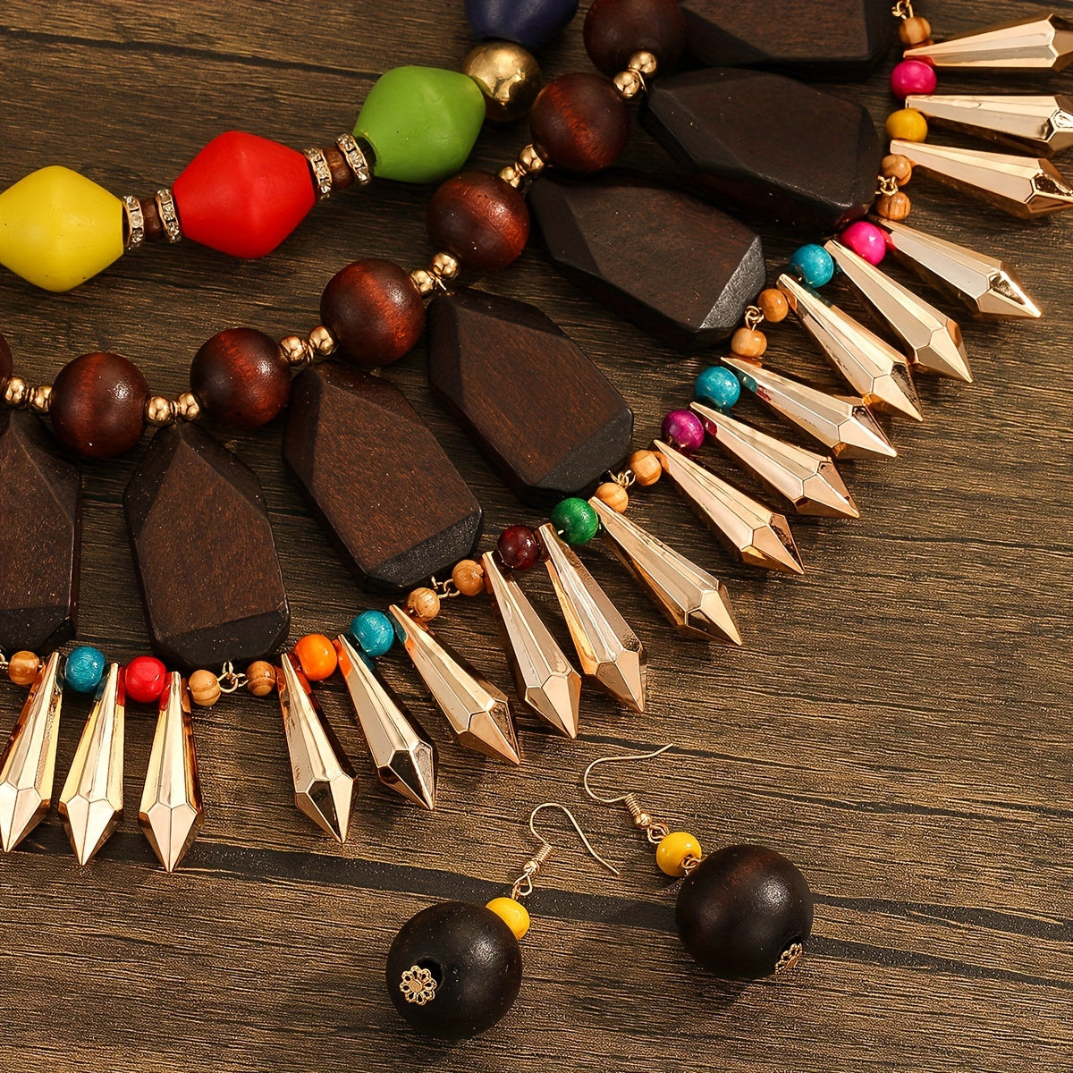 European and n fashion personality exaggerated Middle East vacation retro heavy manufacturing bohemian ball multi-layer design hand-woven wooden accessories necklace earrings 3pcs set