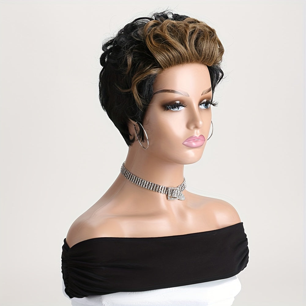 A Fashionable And Naturally Fluffy 10-Inch Black And Brown Mixed Wig for Black Women, Made of Synthetic Fibers with Curled Bangs, Suitable for Daily Wear, Role-Playing, Holiday Parties, And Halloween Costumes.