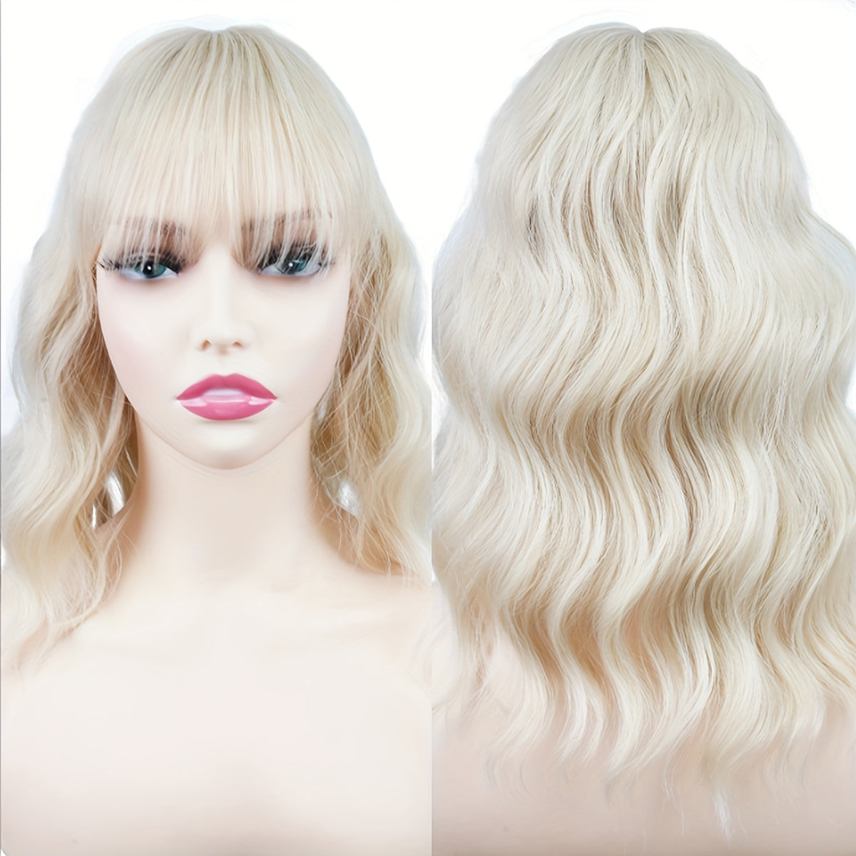 14 Inch Wave Clip in Hairpieces Synthetic Wigs with bangs Highlights 613 Yellow Bleach Blonde