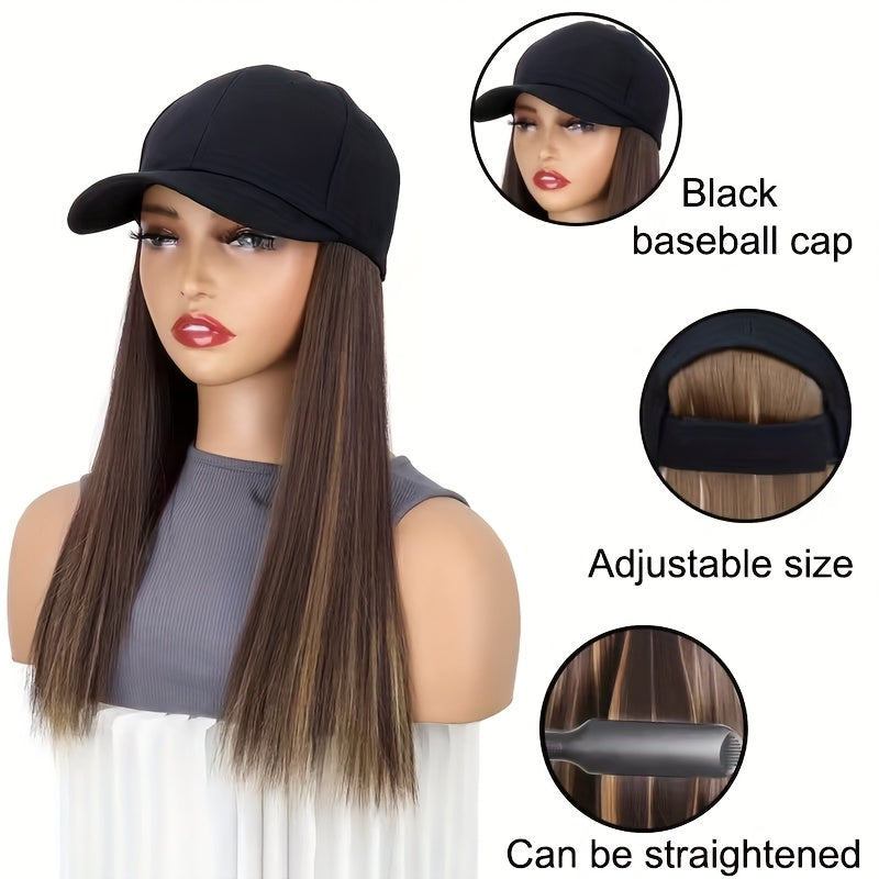 A Women'S Cross-Border Wig Baseball Cap Featuring Long Straight Hair Made of High-Temperature Synthetic Fibers, Available in Multiple Colors. This Wig Is Suitable for Outdoor Activities And Everyday Wear.