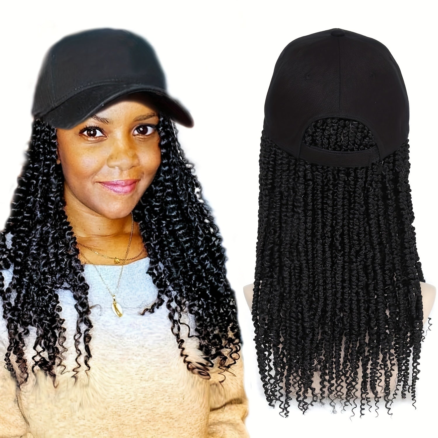 Afro Curly/Kinky Style 14" Baseball Cap Wig - Synthetic Fiber, Long Braids for Women