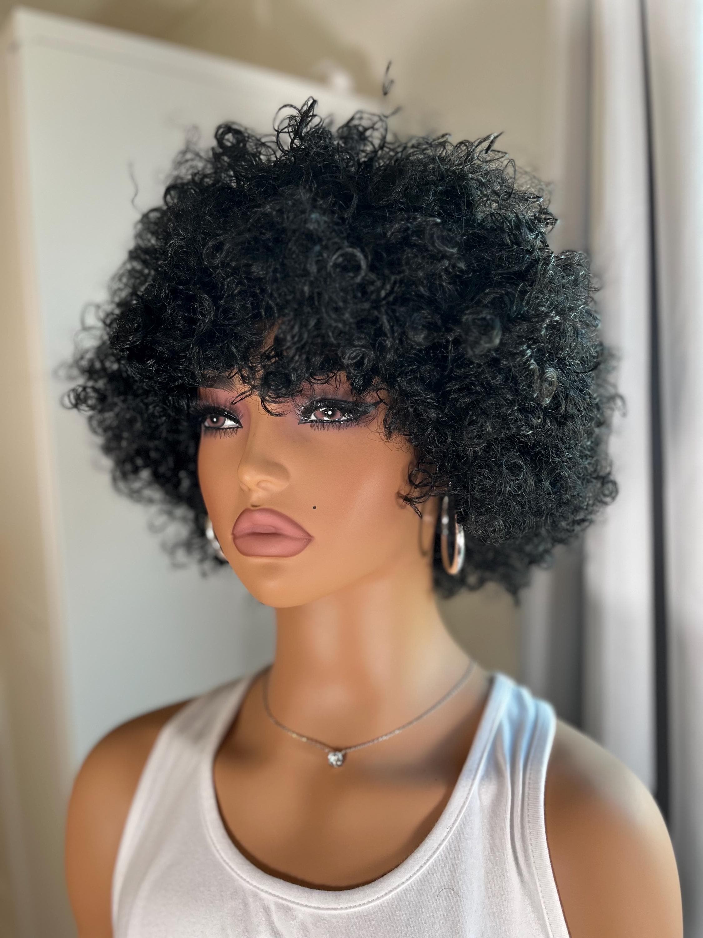 Afro curly Wig short Premium Synthetic fiber wig Black color #1 daily wear event wig