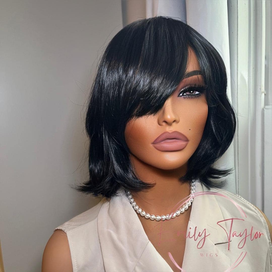 Black short bob with bangs Premium Synthetic fiber wig Black color #1 wig