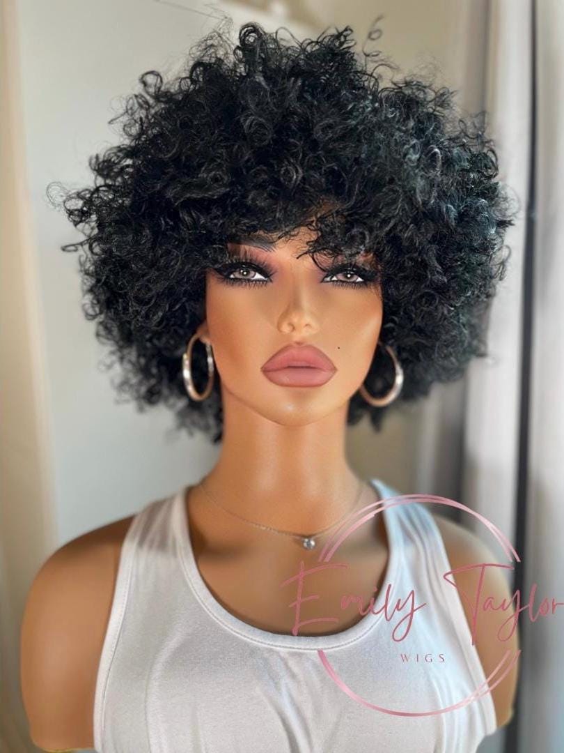 Afro curly Wig short Premium Synthetic fiber wig Black color #1 daily wear event wig