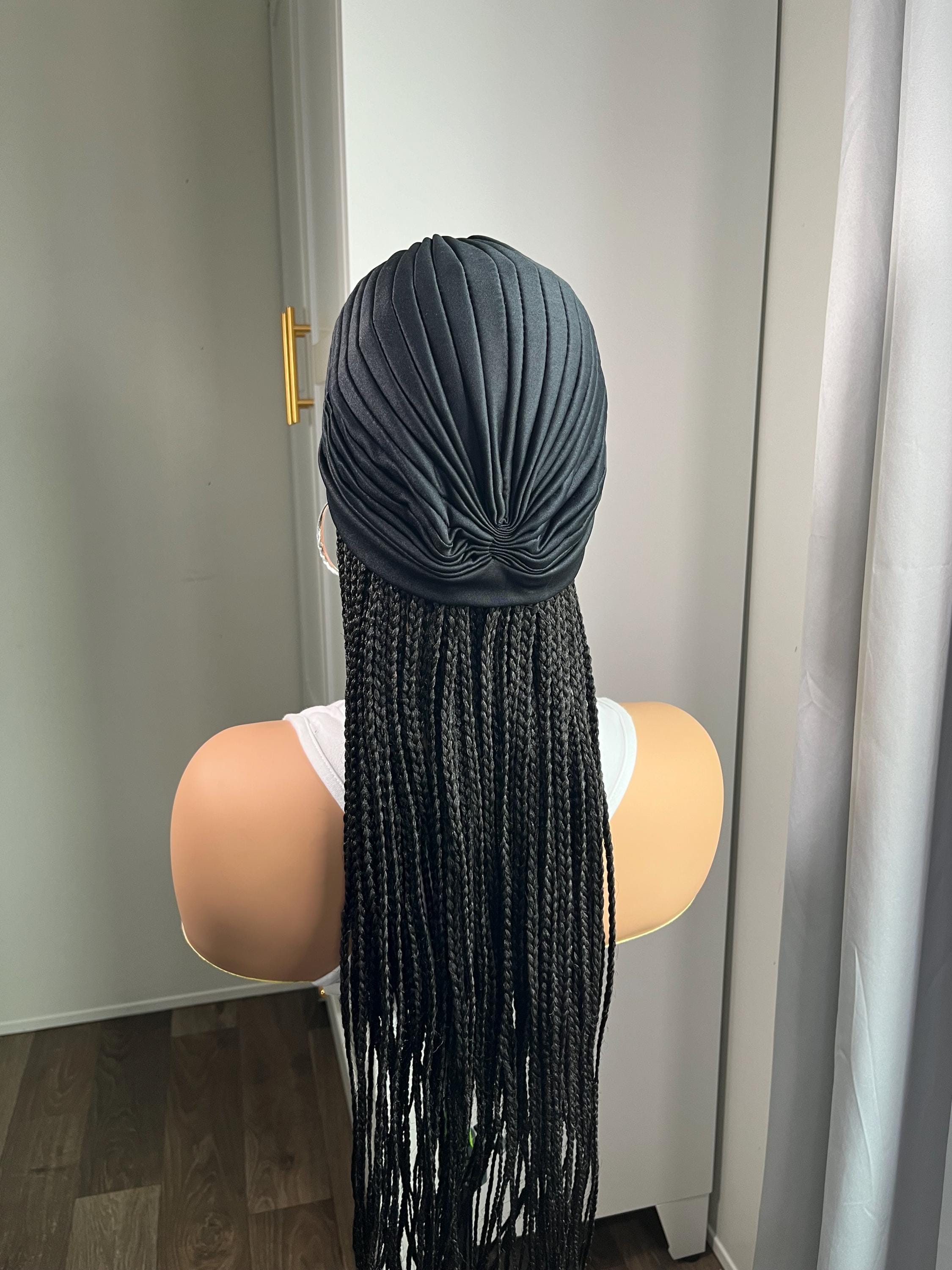 Black Turban Wig with long braids for women alopecia chemo summer wigs