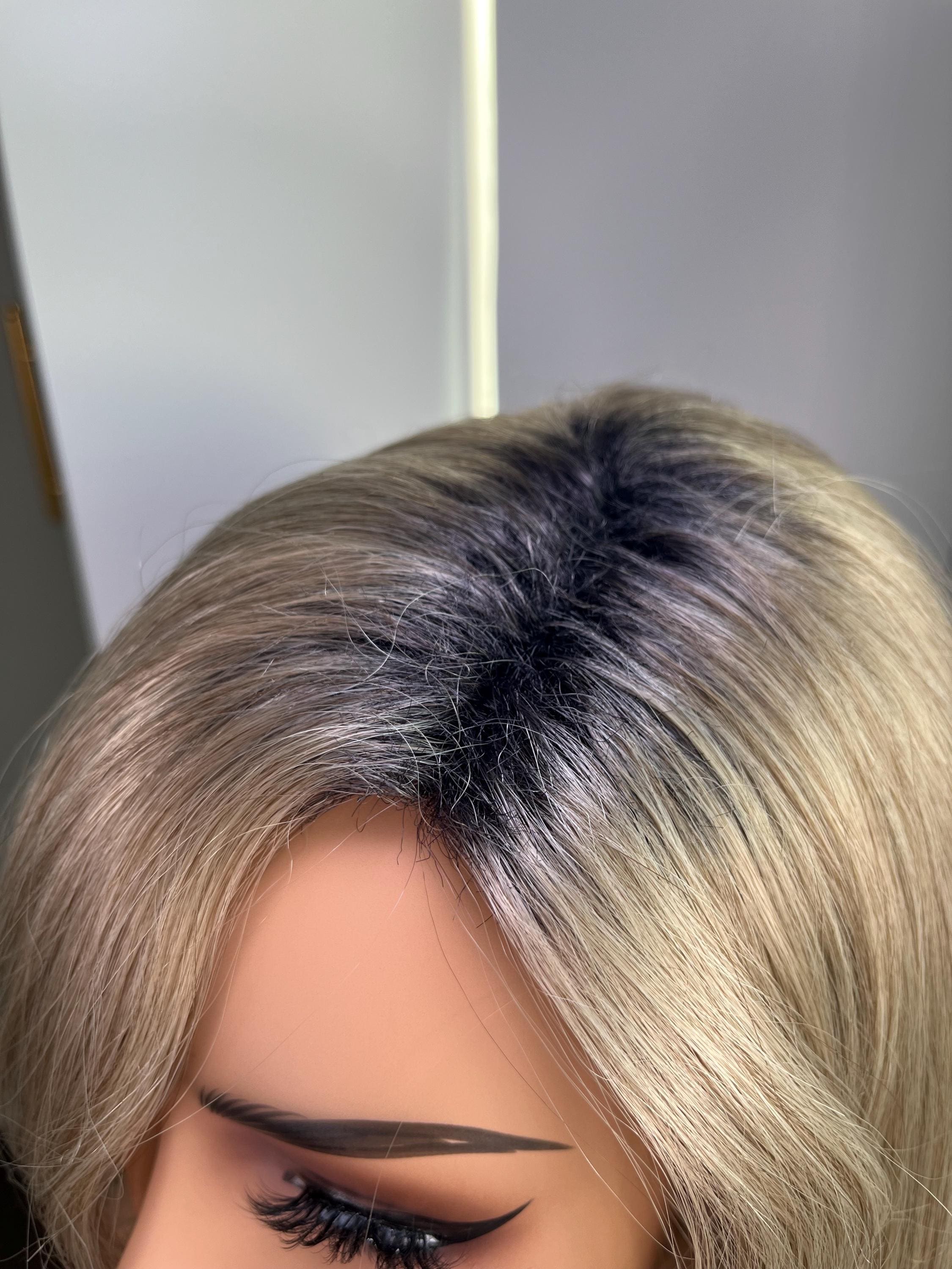 Blonde short bob with bangs  and dark roots Premium Synthetic fibers no glue no lace wig