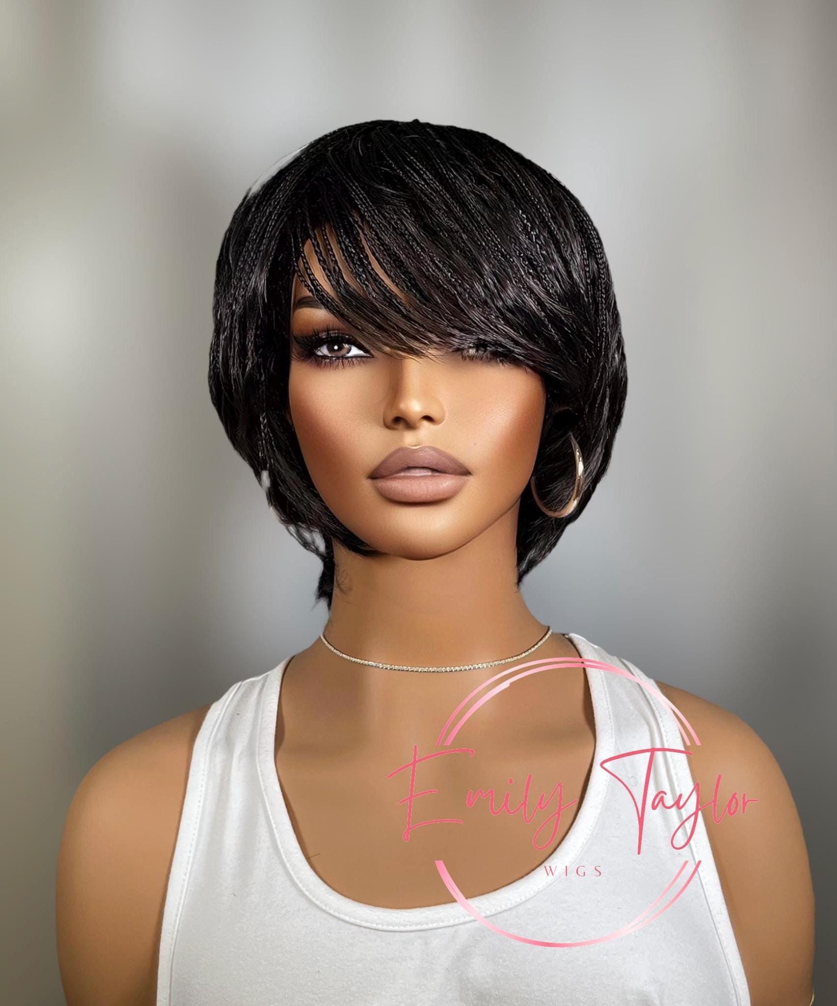 Black braided short glueless Wig with braided bangs synthetic wig for women alopecia chemo gift