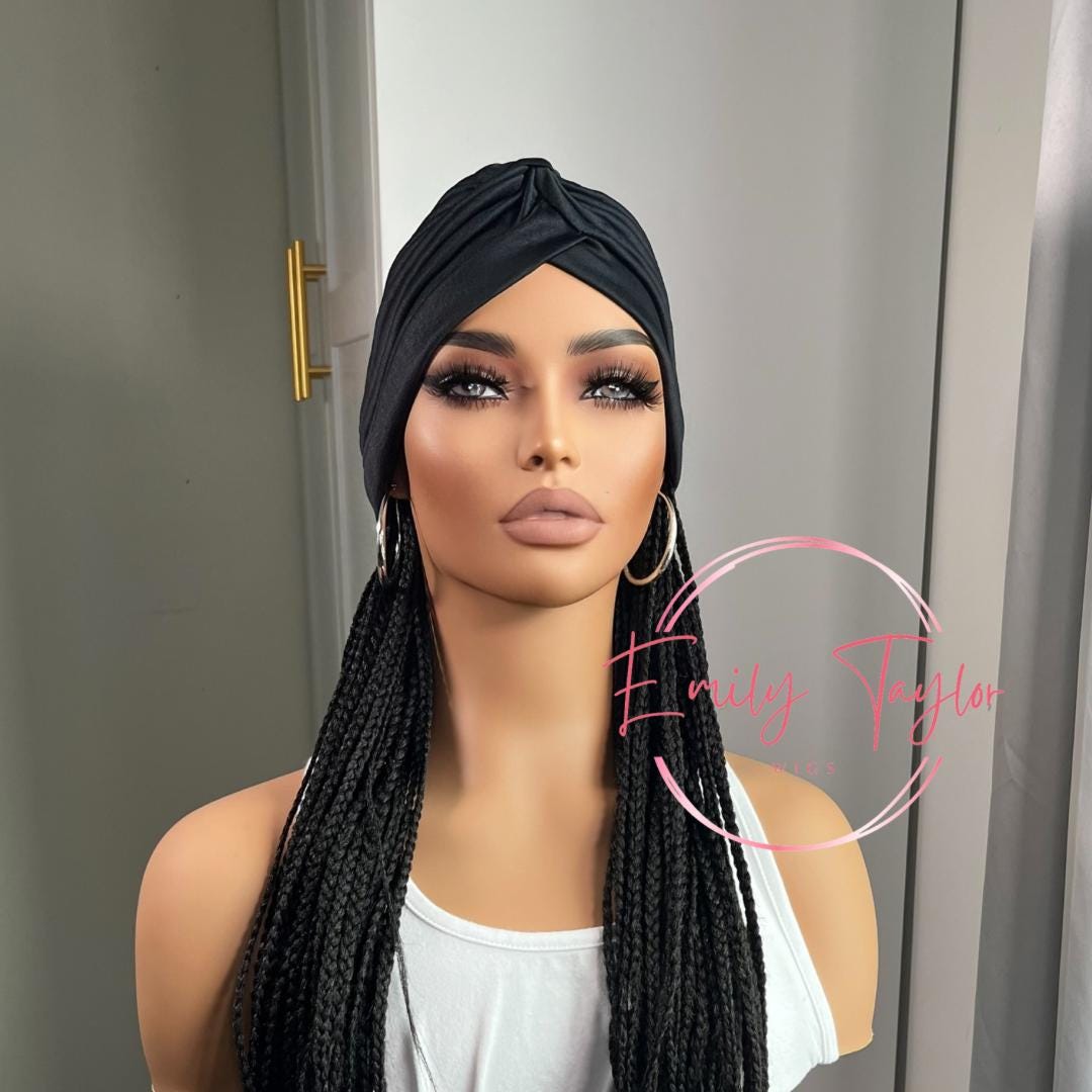 Black Turban Wig with long braids for women alopecia chemo summer wigs