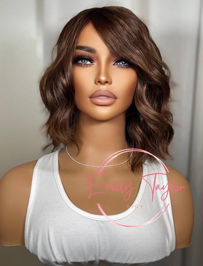 Brown short wavy  bob with bangs Premium Synthetic fibers daily wig  wedding wig beach wig