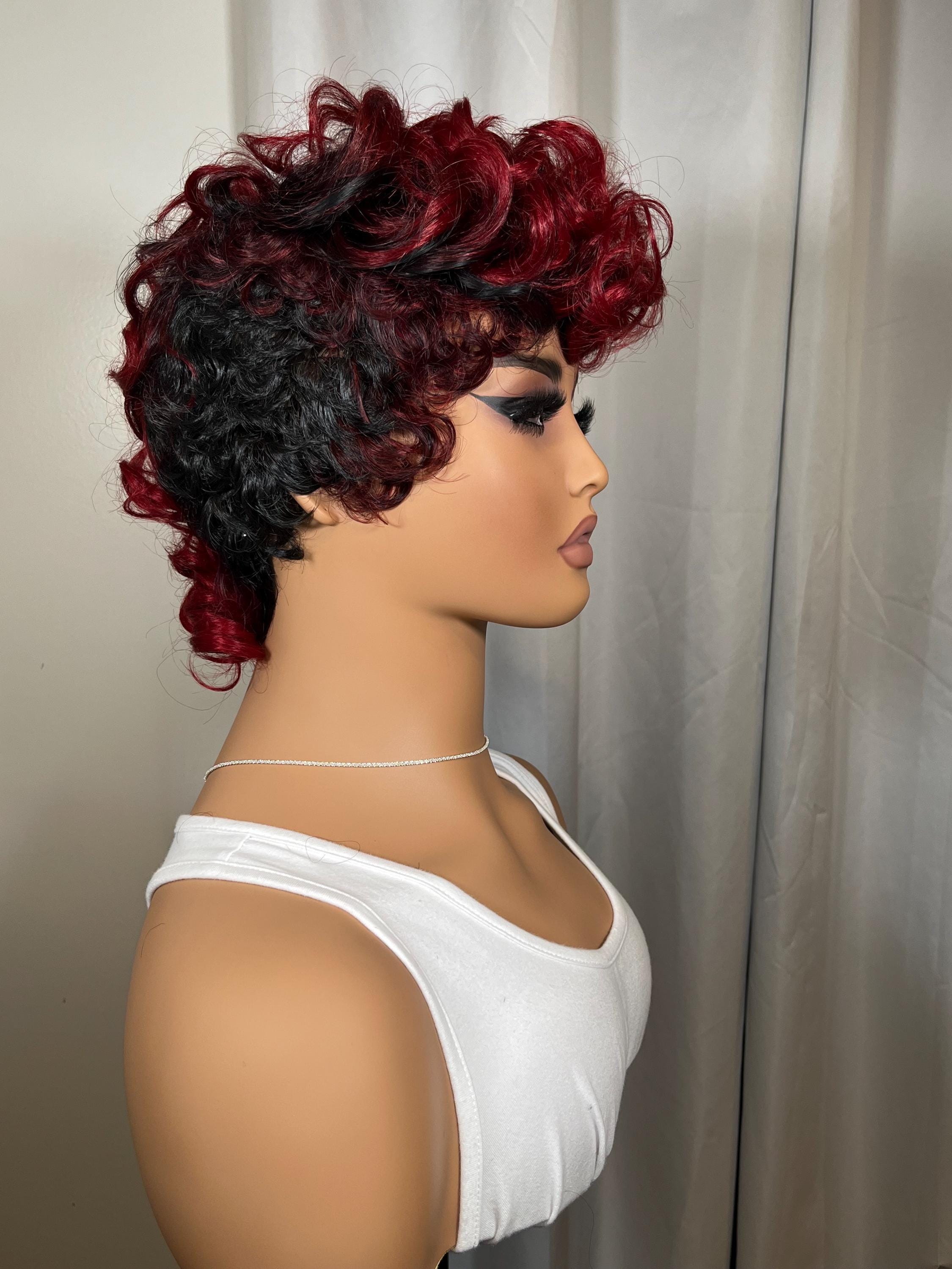 Red and Black Pixie Mohawk Wig with bang Synthetic wig  Black, red and burgundy wig for women hair loss chemo alopecia