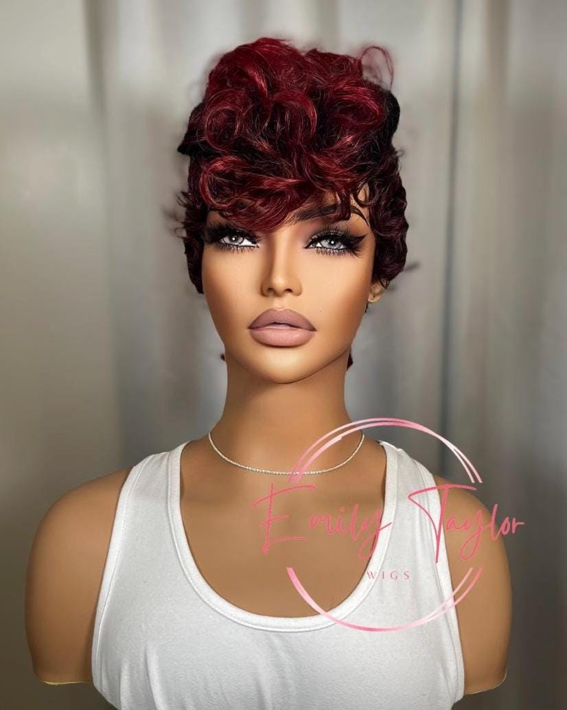 Red and Black Pixie Mohawk Wig with bang Synthetic wig  Black, red and burgundy wig for women hair loss chemo alopecia