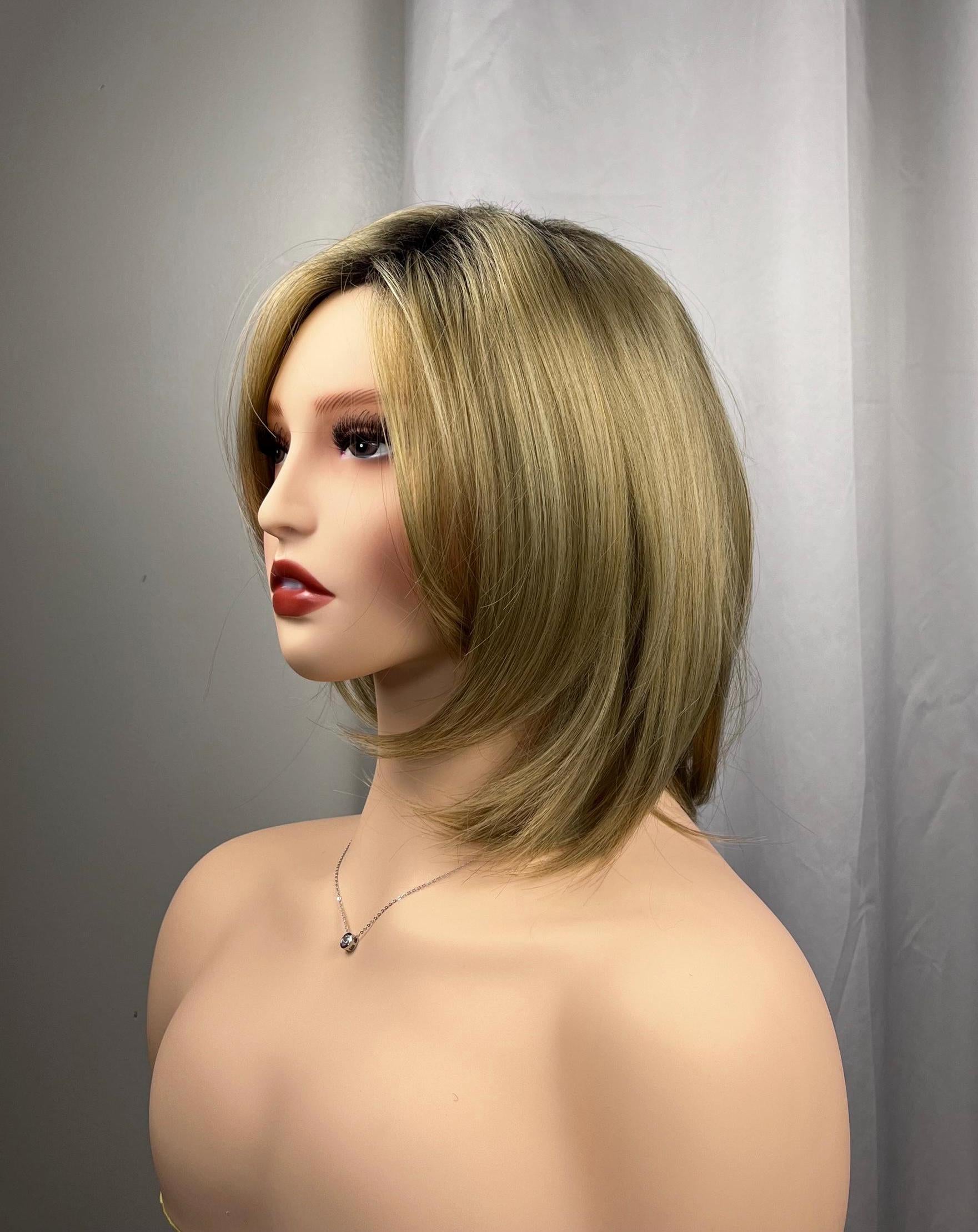 Blonde short bob with bangs  and dark roots Premium Synthetic fibers no glue no lace wig