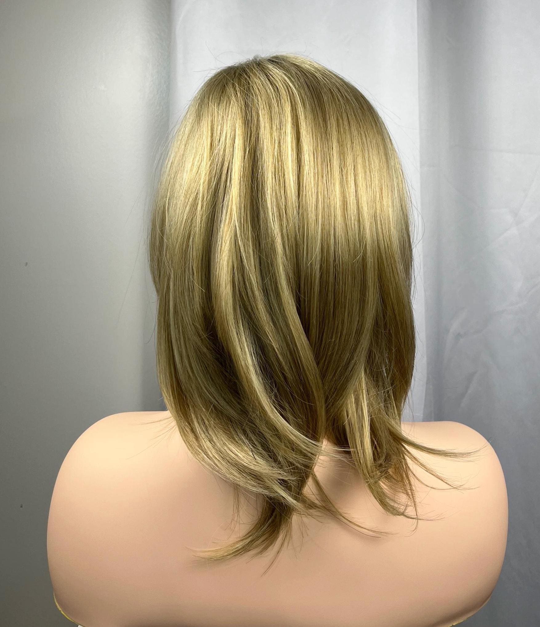 Blonde short bob with bangs  and dark roots Premium Synthetic fibers no glue no lace wig