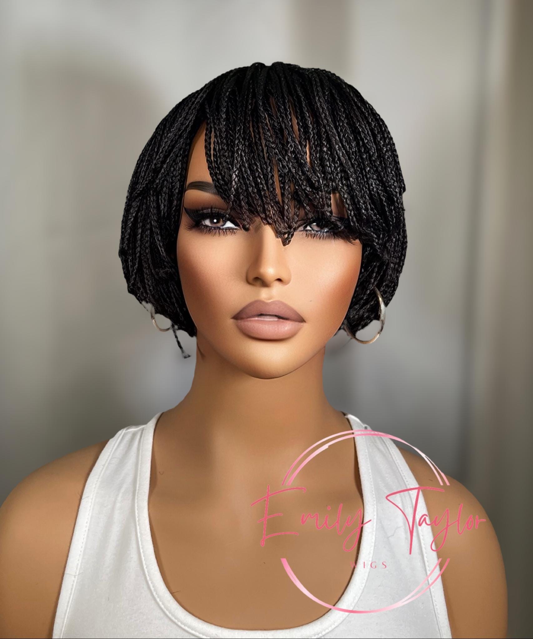 Black braided short glueless Wig with braided bangs synthetic wig for women alopecia chemo gift