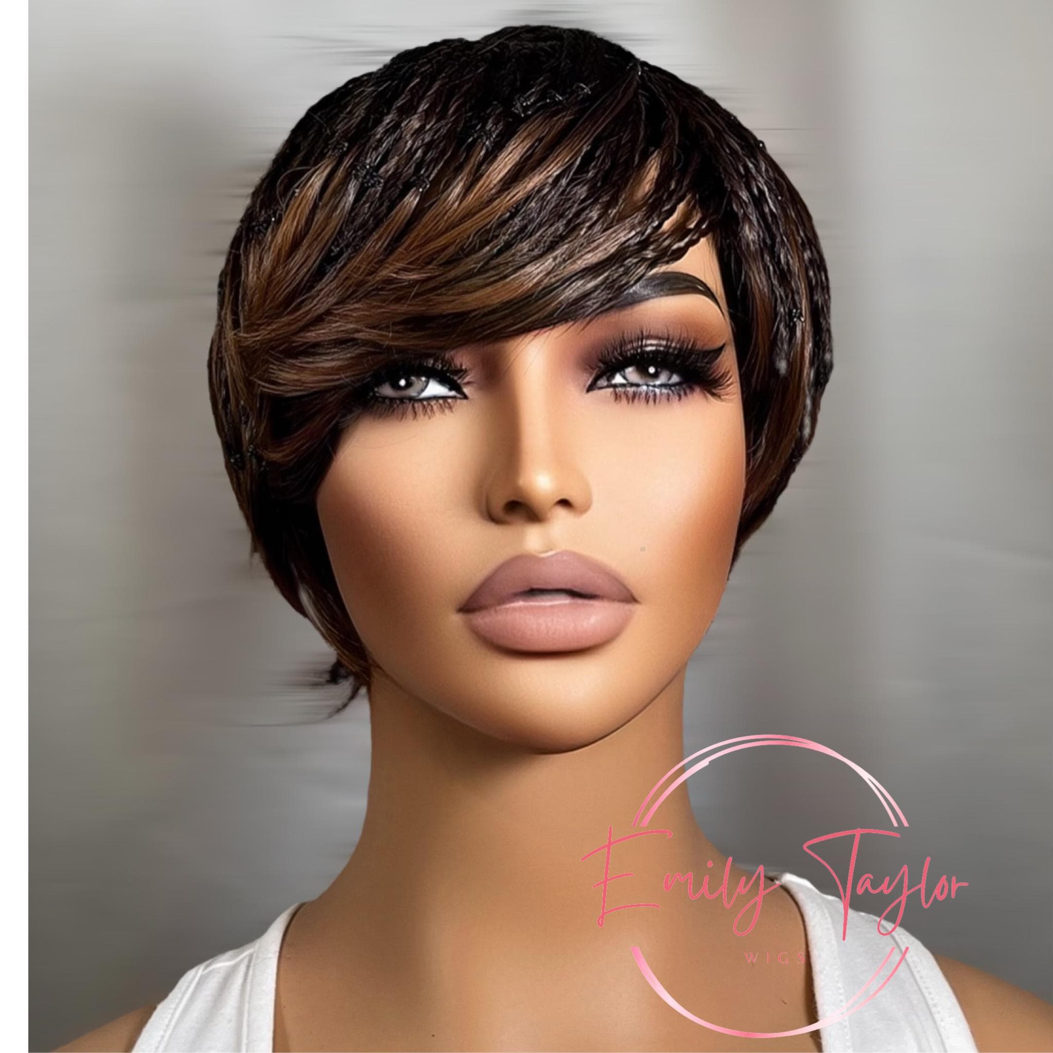 Black braided short glueless Wig with braided bangs synthetic wig for women alopecia chemo gift