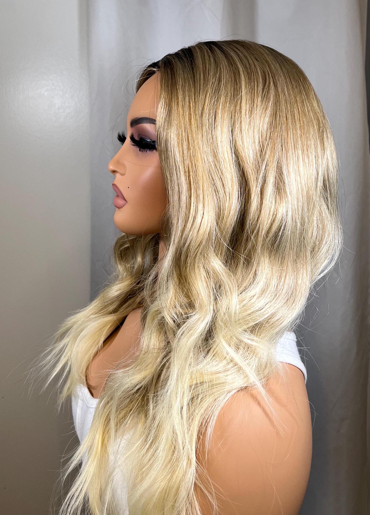 Blonde Ombre dark roots Body wave lace closure glueless wig middle part synthetic wig heat resistant women alopecia chemo