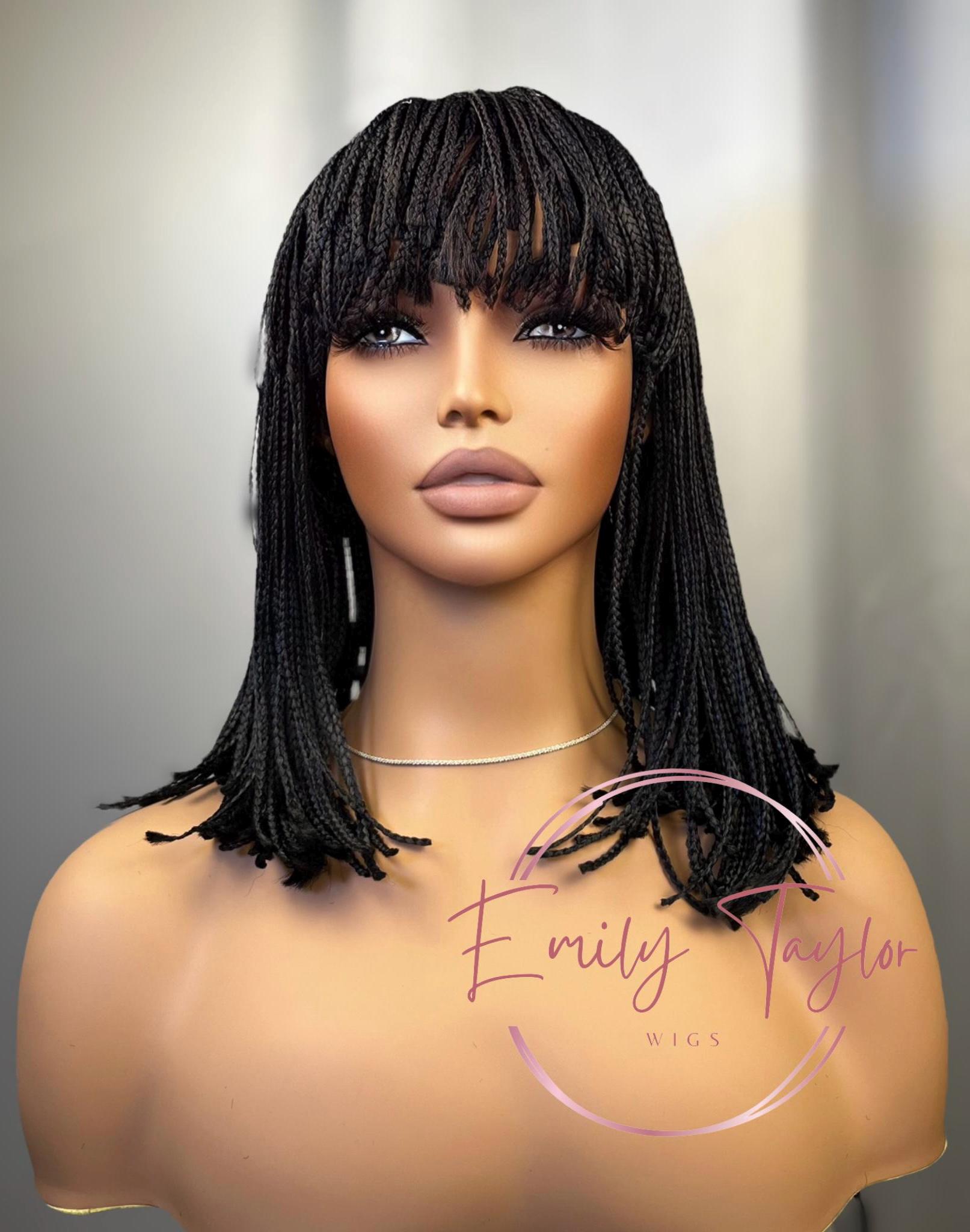 Black braided glueless Wig with braided bangs synthetic wig for women alopecia chemo gift