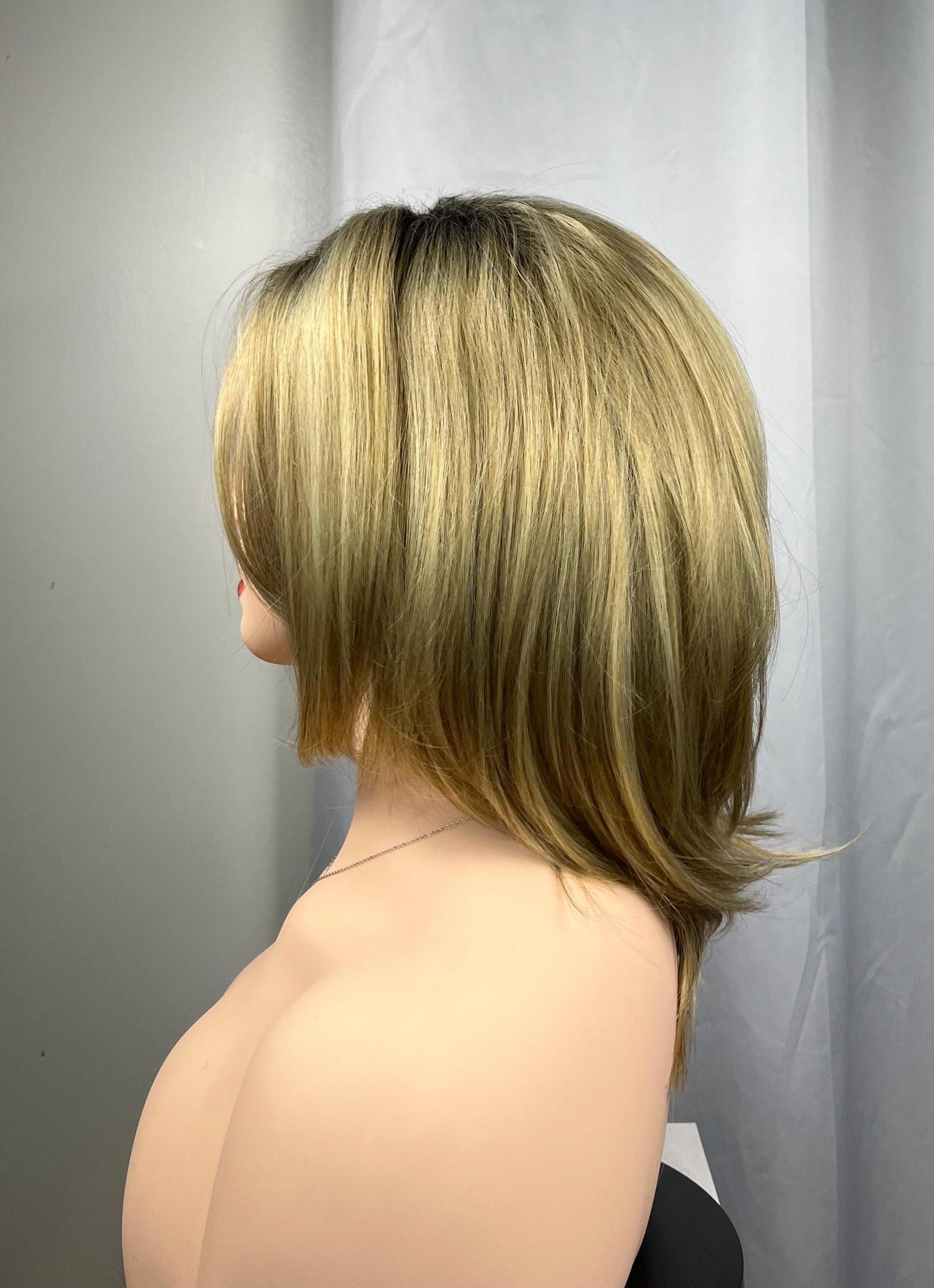 Blonde short bob with bangs  and dark roots Premium Synthetic fibers no glue no lace wig