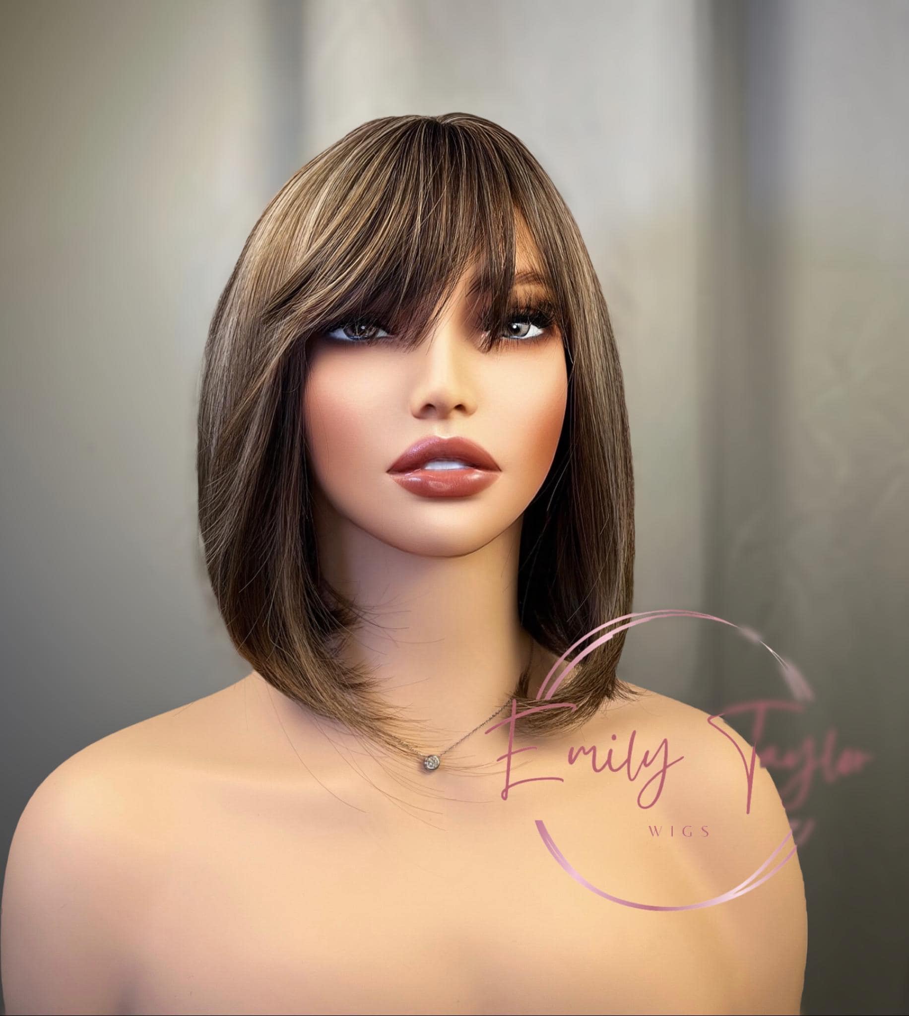 Brown short bob with bangs Premium Synthetic fibers glueless wig