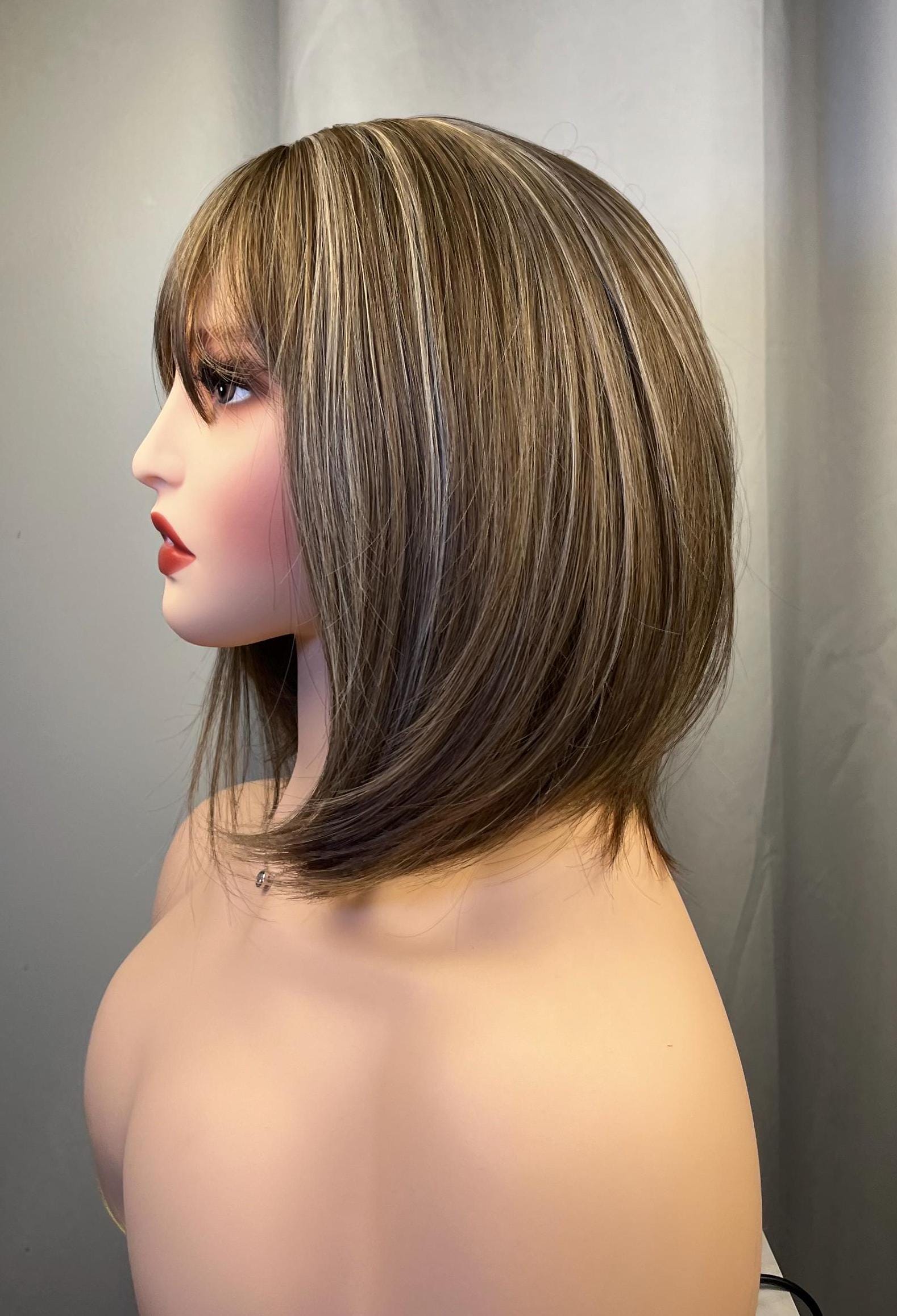 Brown short bob with bangs Premium Synthetic fibers glueless wig