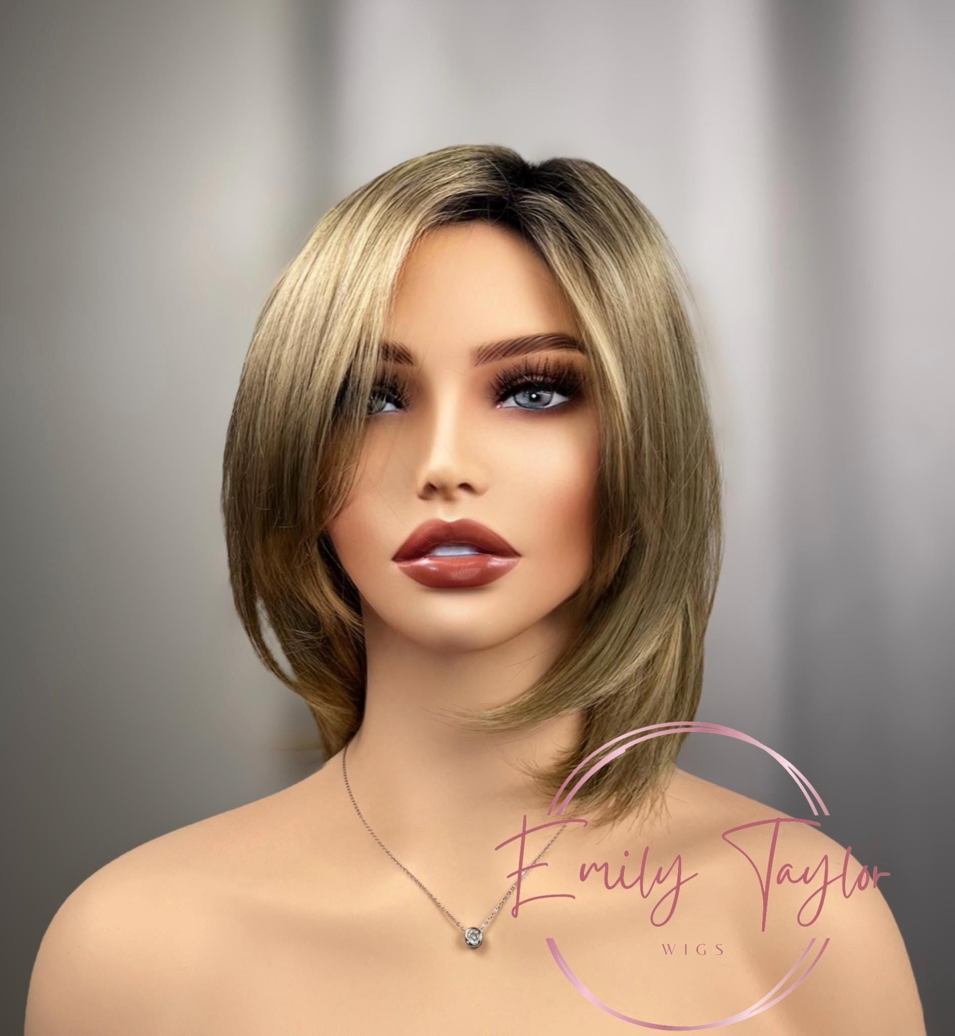 Blonde short bob with bangs  and dark roots Premium Synthetic fibers no glue no lace wig